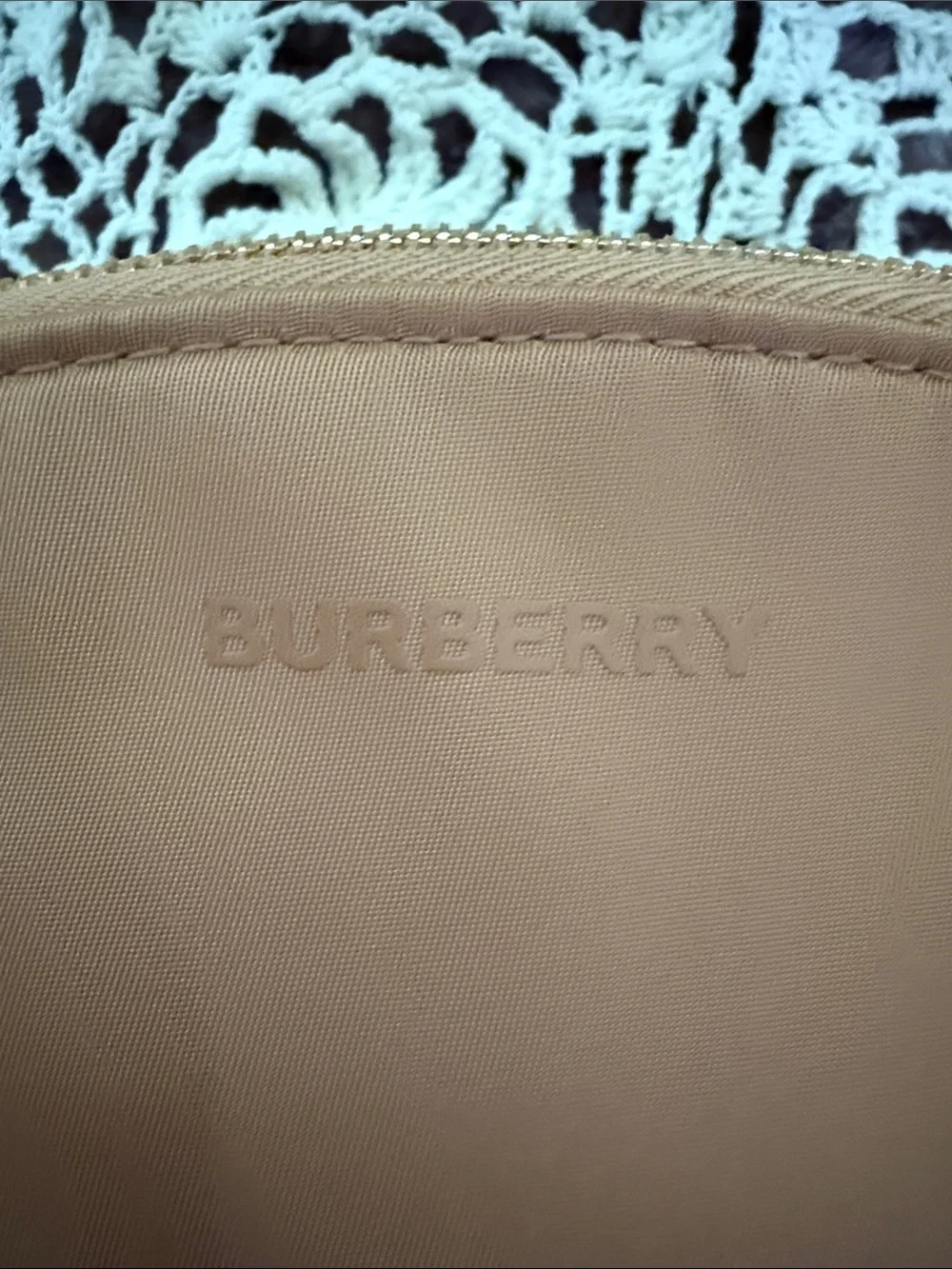 Burberry Tan Cosmetic Pouch with Pink Lip Gloss Packaging
